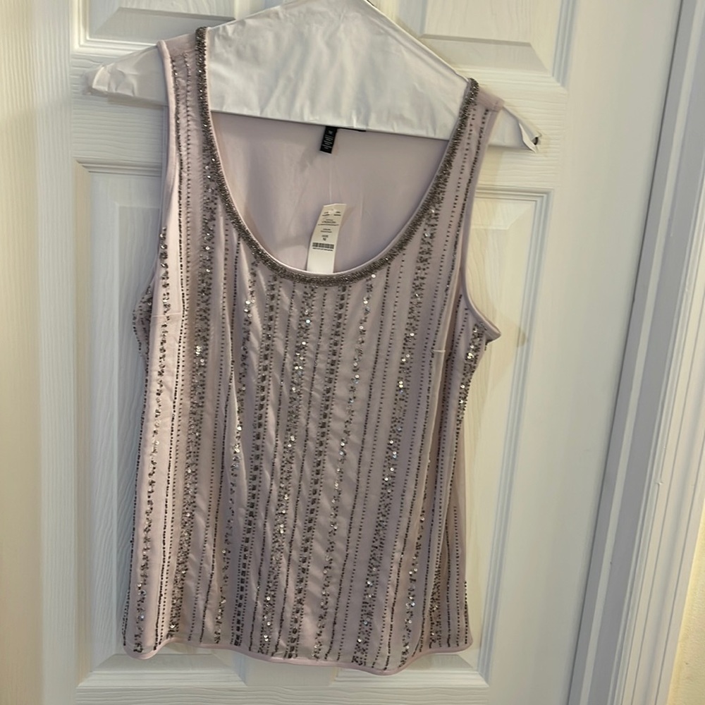 White House Black Market sleeveless sequin embellished shirt. Color Orchid Hush.
